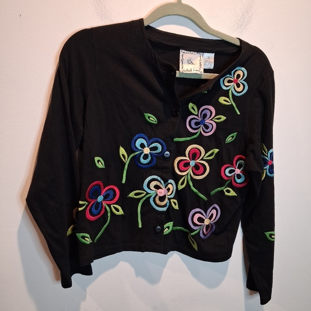 Michael Simon Size S Black Cardigan W/ Flower Embroidery